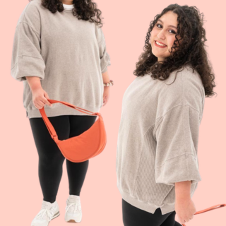 peach background with image of girl wearing sweatshirt and leggings